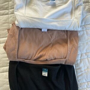 White, Tan, and Black Ribbed Long Sleeve Body Suits